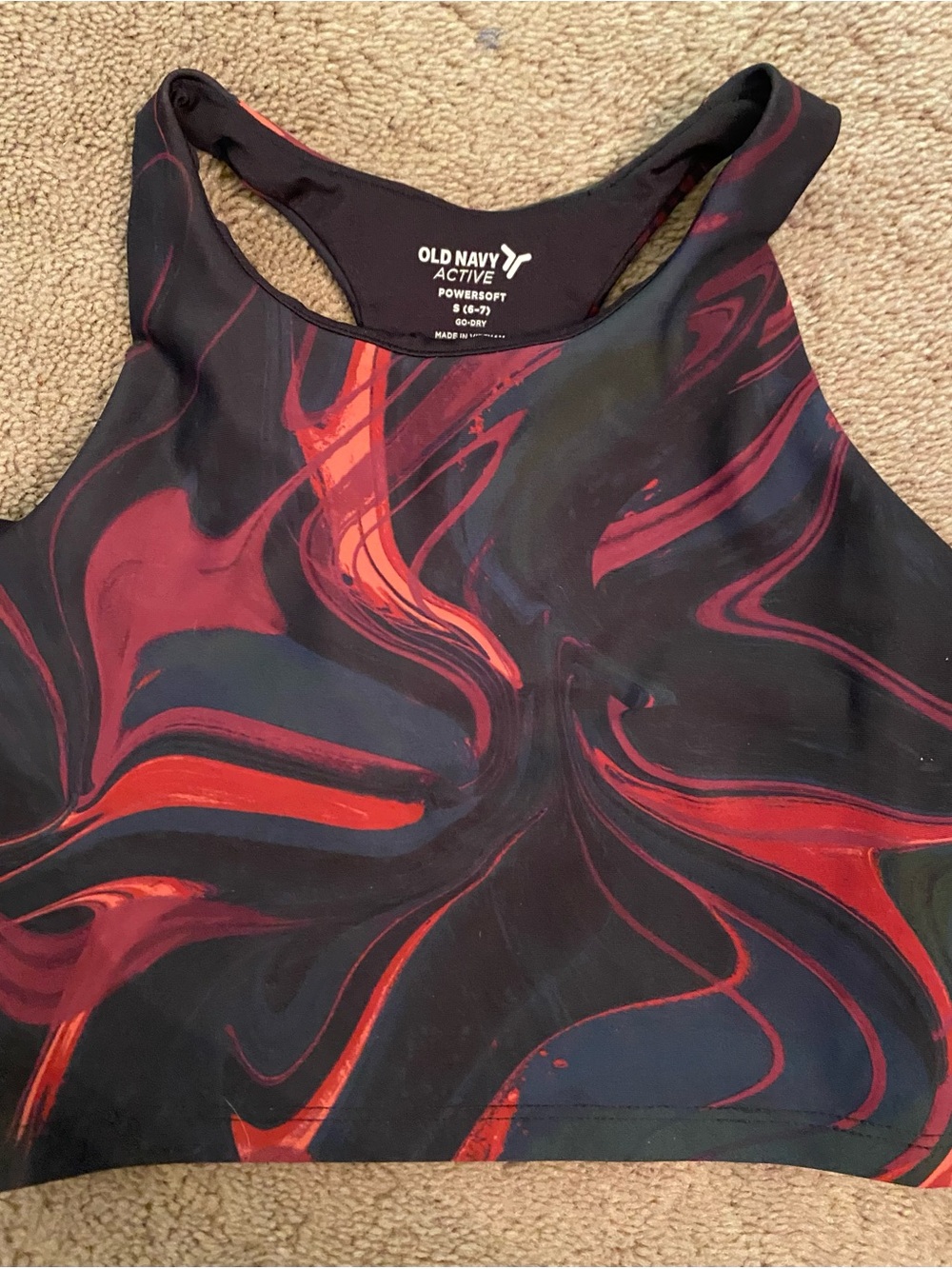 Old Navy Active Black Crop Tank Sports Bra with Red and Blue Marble Swirl